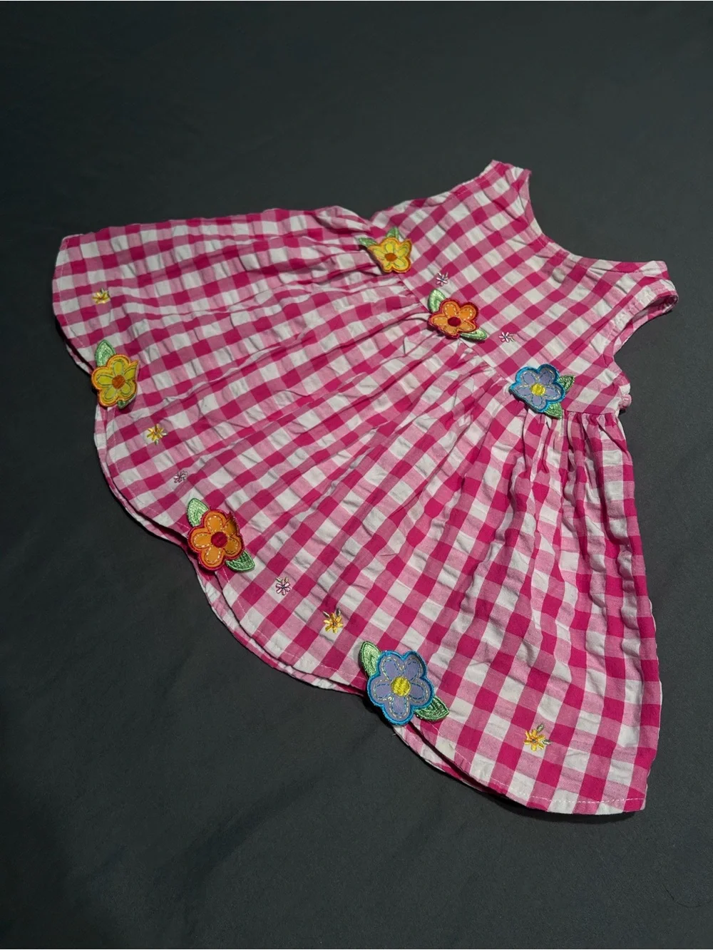 Youngland Pink & White Gingham Sleeveless Dress with Flower Details