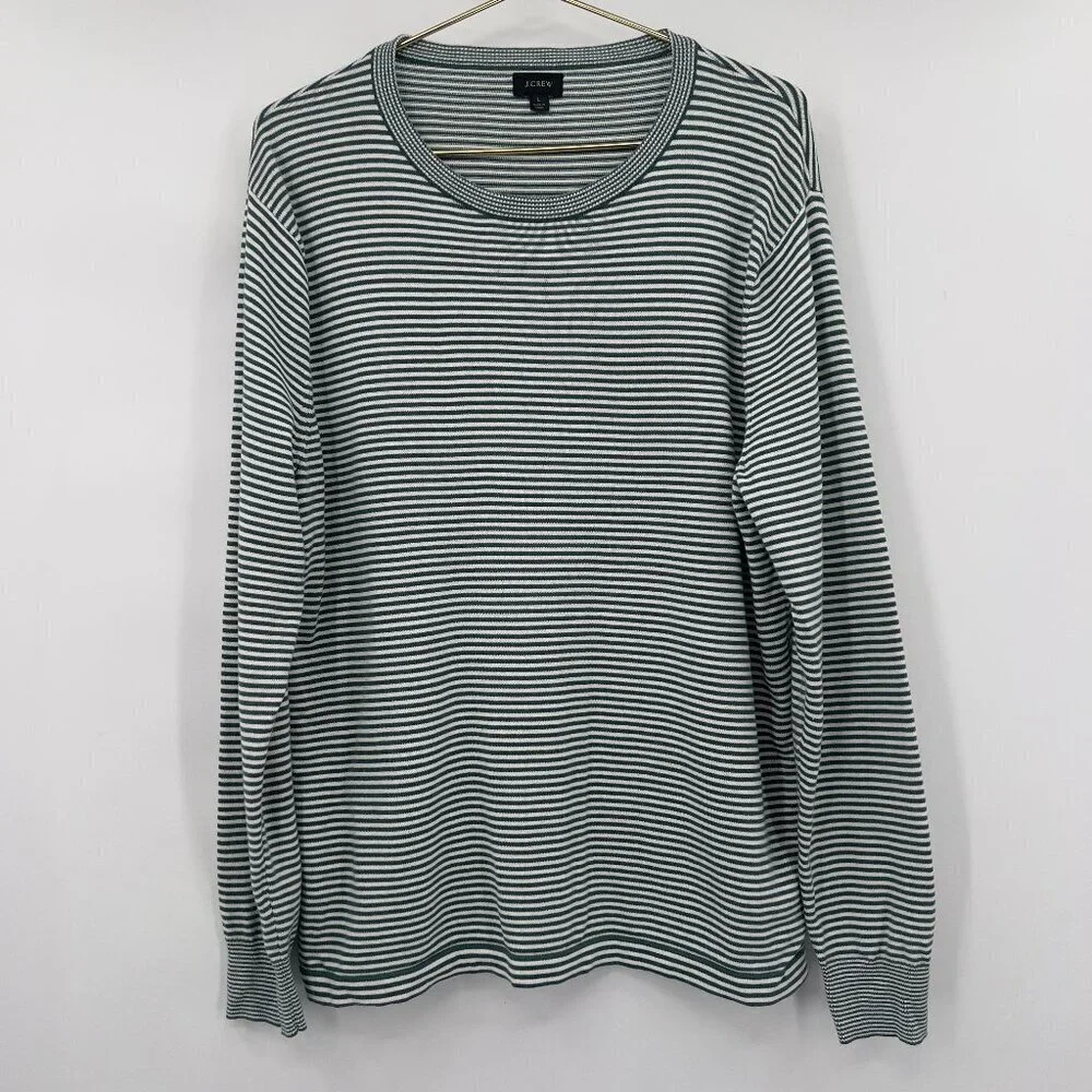 J.Crew Women’s Green & White Striped Cotton Crewneck Sweater Size L