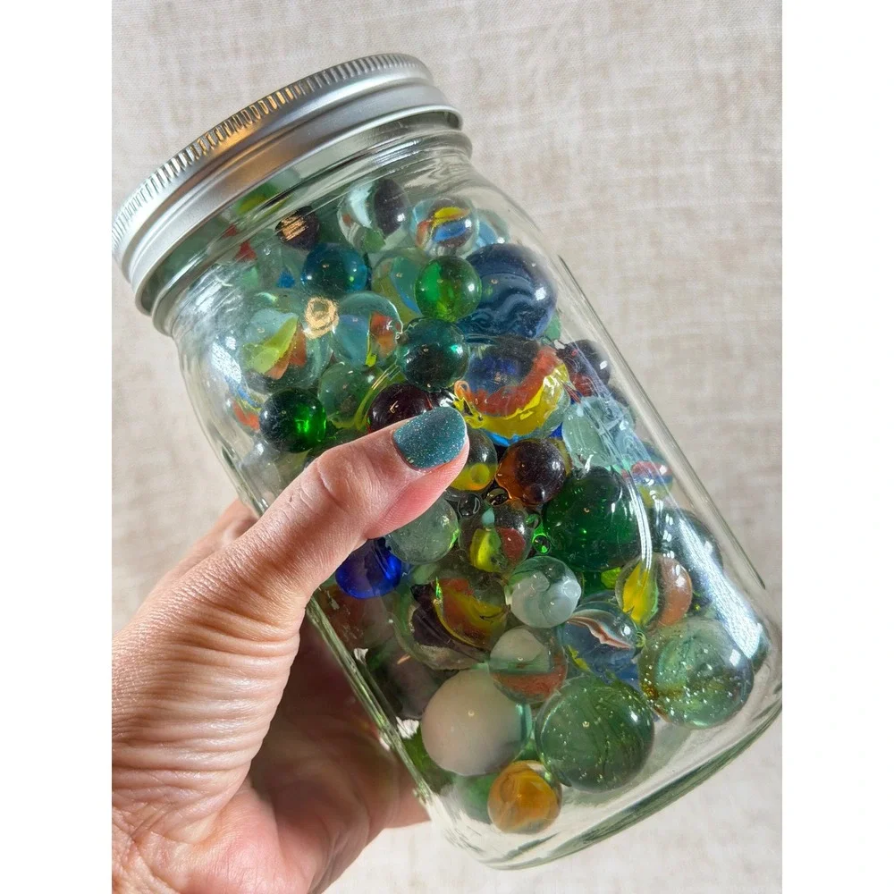 Large Lot Vintage Glass Marbles Assorted Colors Styles in Glass Mason Jar Lid