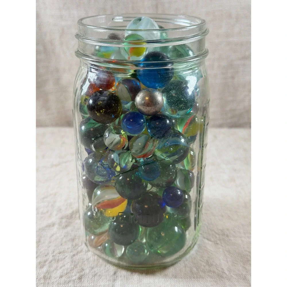 Large Lot Vintage Glass Marbles Assorted Colors Styles in Glass Mason Jar Lid