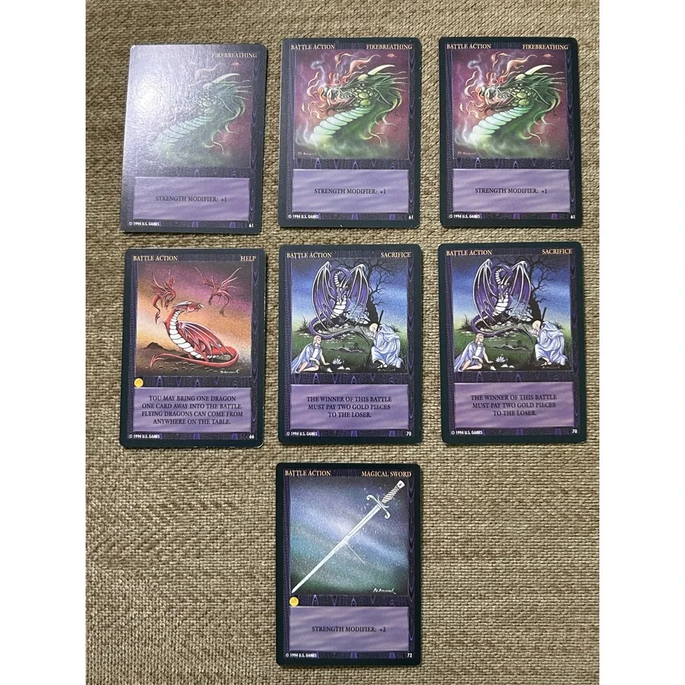 7pc Vintage 1994 Wyvern CCG Battle Action Cards Firebreathing Sacrifice US Games