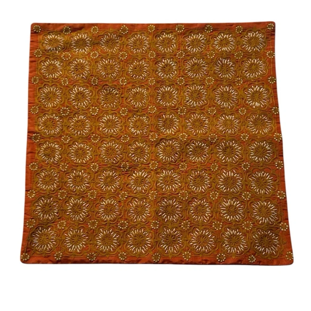 Embroidered Orange and Gold Pillow Cover 18” square