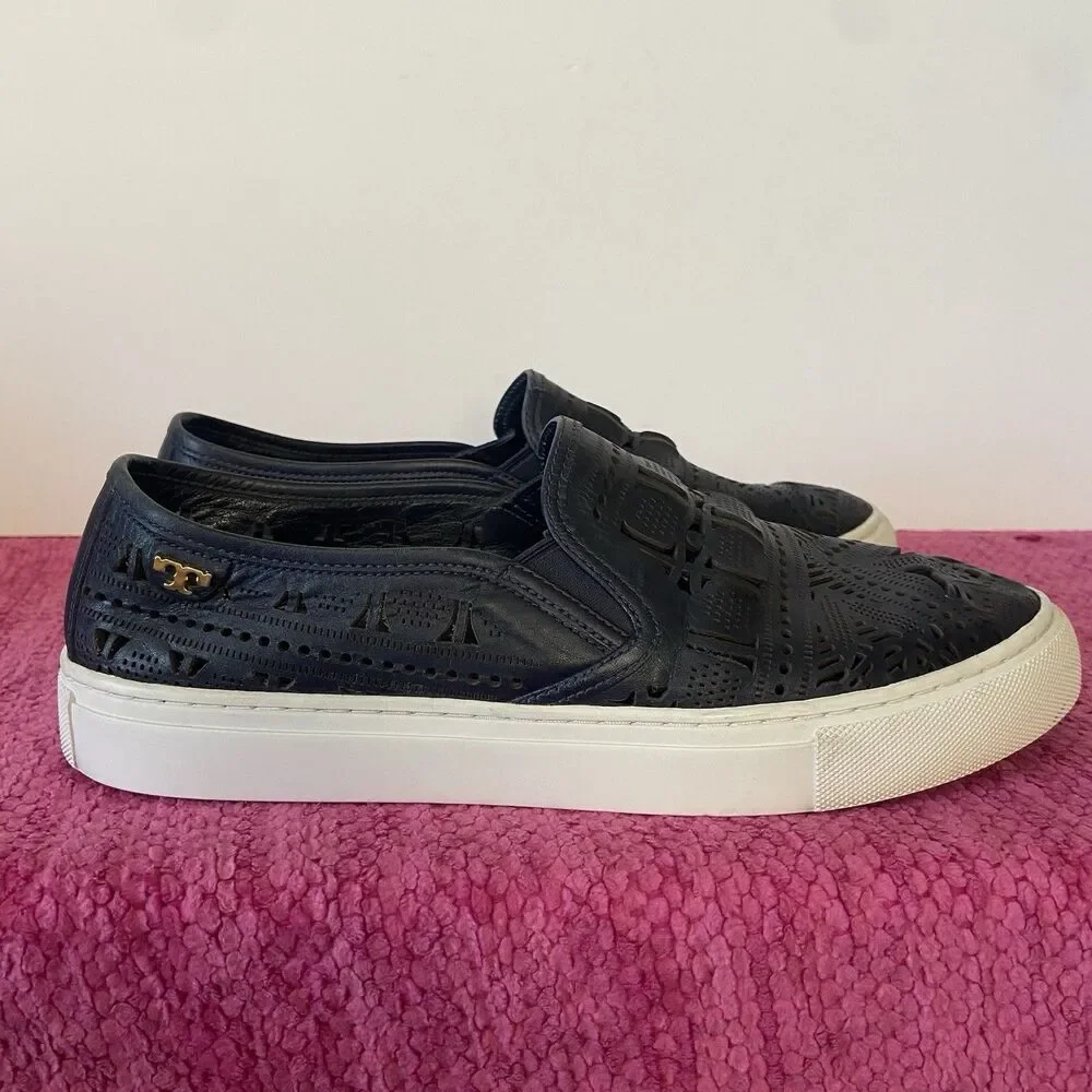 Tory Burch Lennon Slip On Leather Sneakers Laser Perforated Navy Blue Size 8.5M