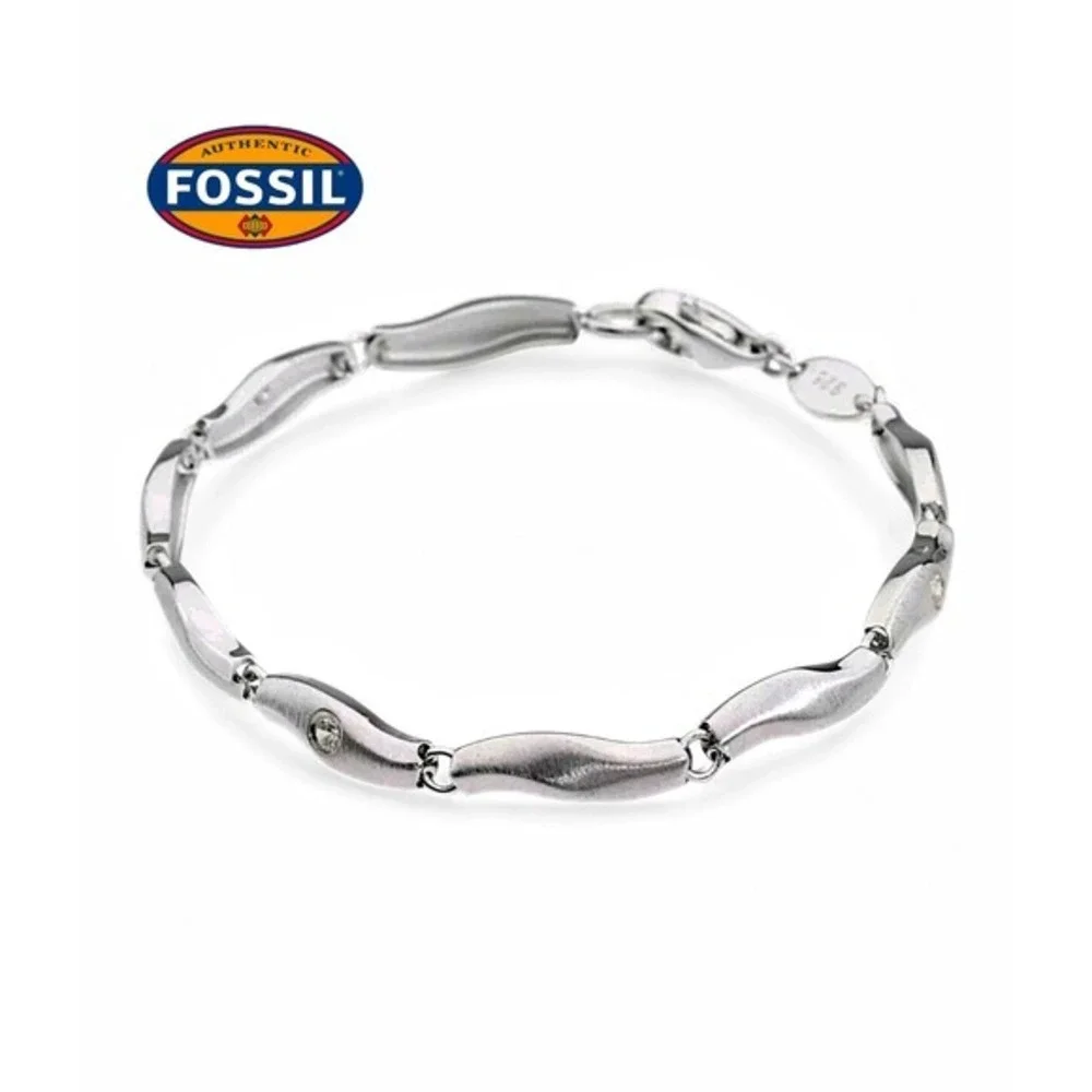 Fossil Sterling Silver‎ Wavy Link Crystal Bracelet Rhodium New in Tin Gift Box!