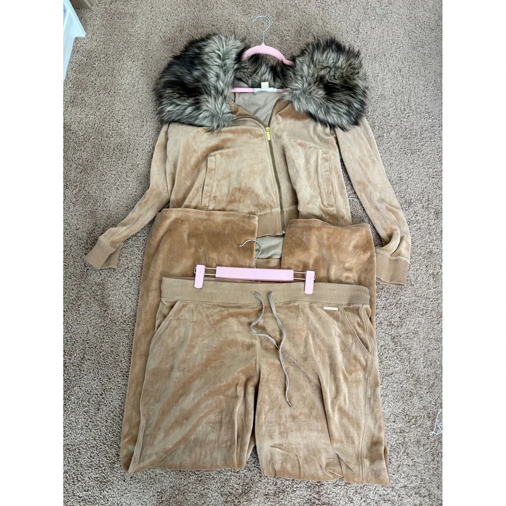 Michael Kors Velour Tracksuit Set Tan Camel Faux Fur Collar Hoodie Joggers XL