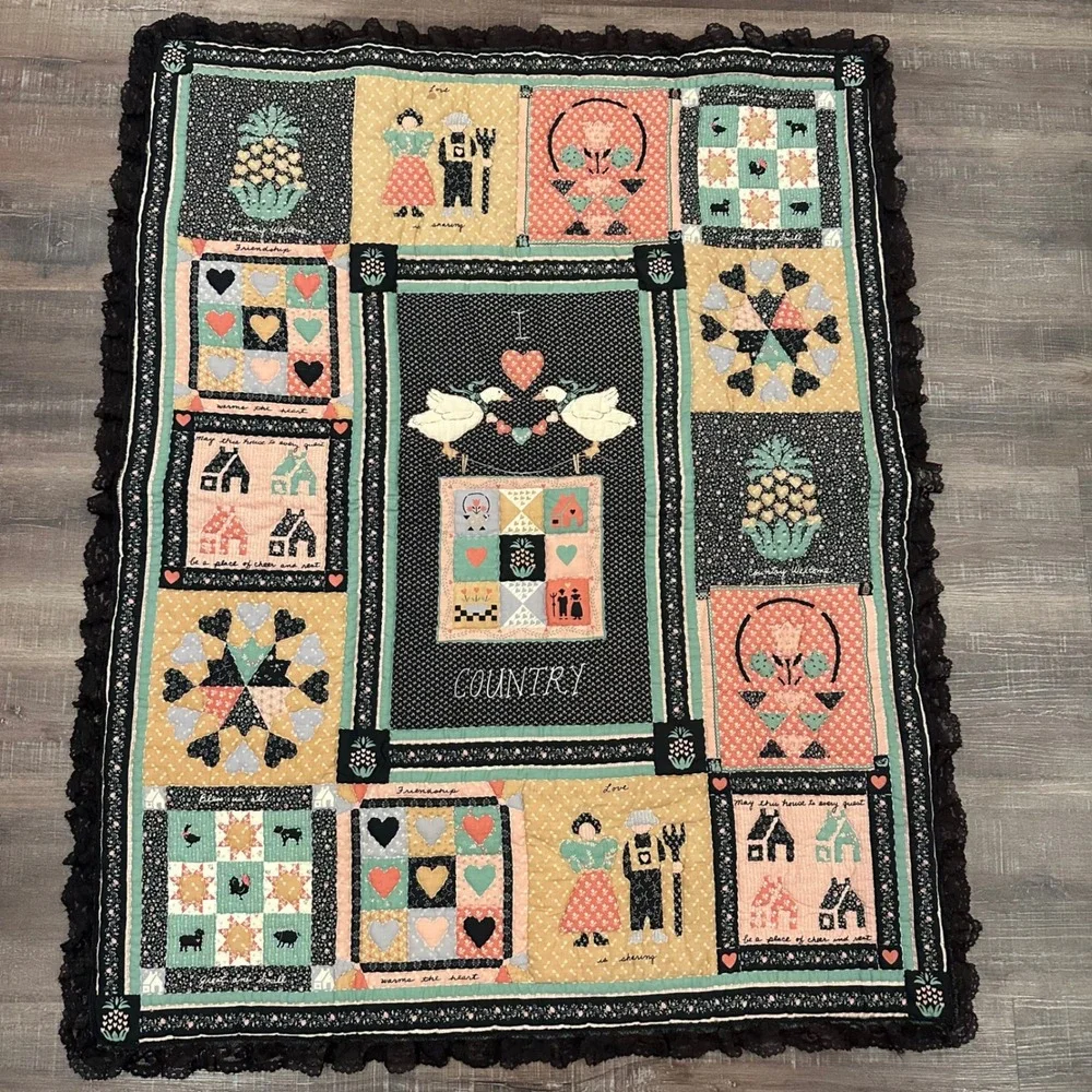 Vtg Folk Art Country Quilted Wall Hanging Lace Trim Americana Patchwork 35x44