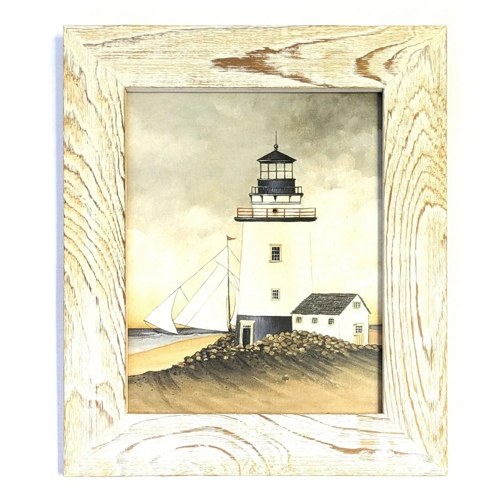 Coastal Lighthouse Framed Wall Art Print Nautical Sailboat Wood Frame