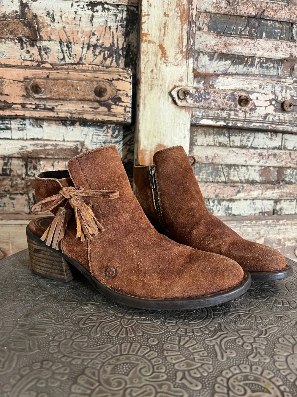 Born Monikah Brown Suede Leather Tassel Cutout Ankle Boots, Booties, EUC, 6M