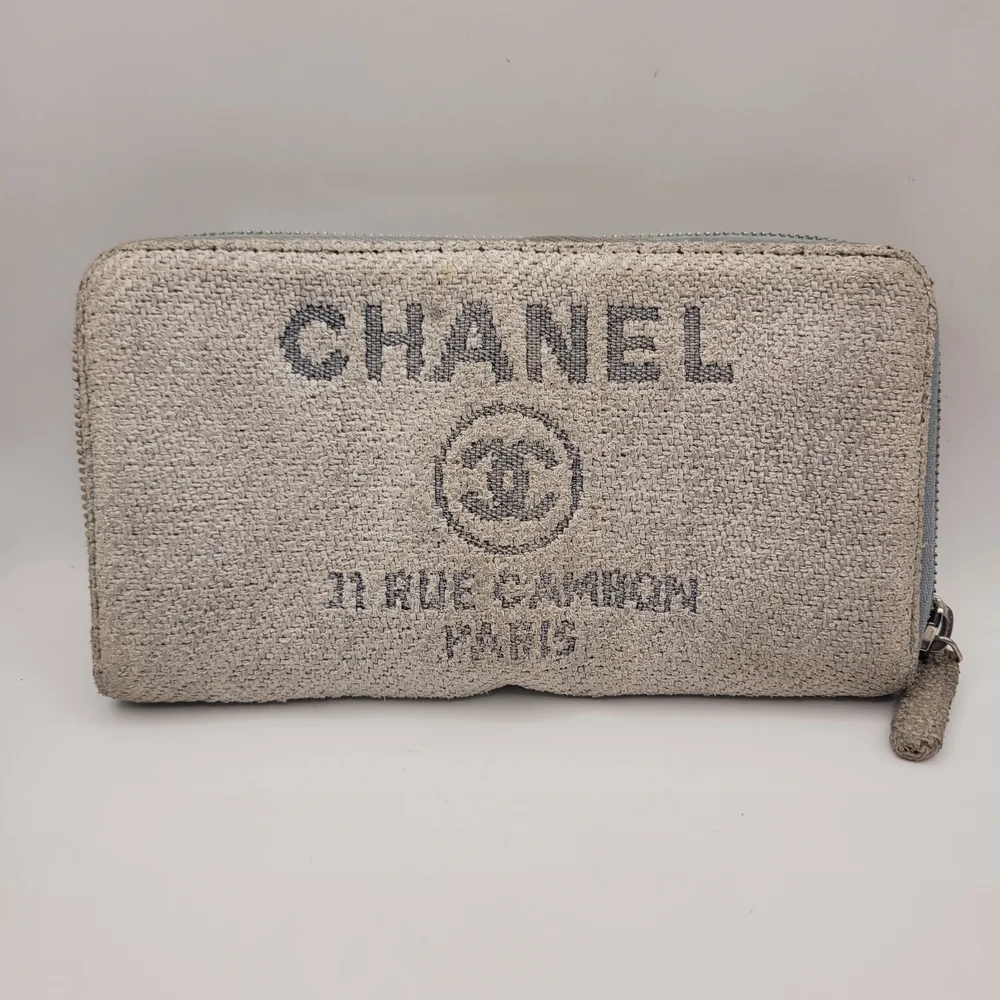 Chanel Tweed Canvas Deauville Zip Around Blue Gray Wallet