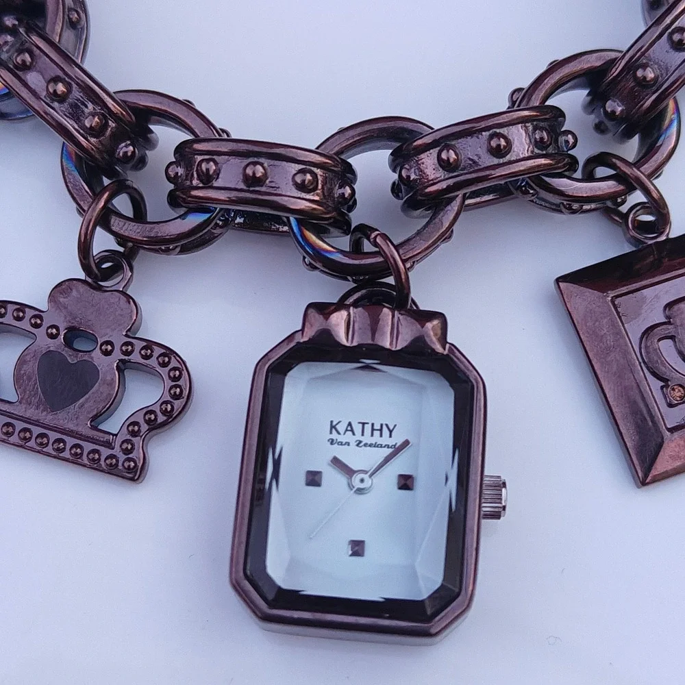 Kathy Van Zeeland Bronze Chunky Charm Bracelet Watch Fleur-de-Lis Crown Heart