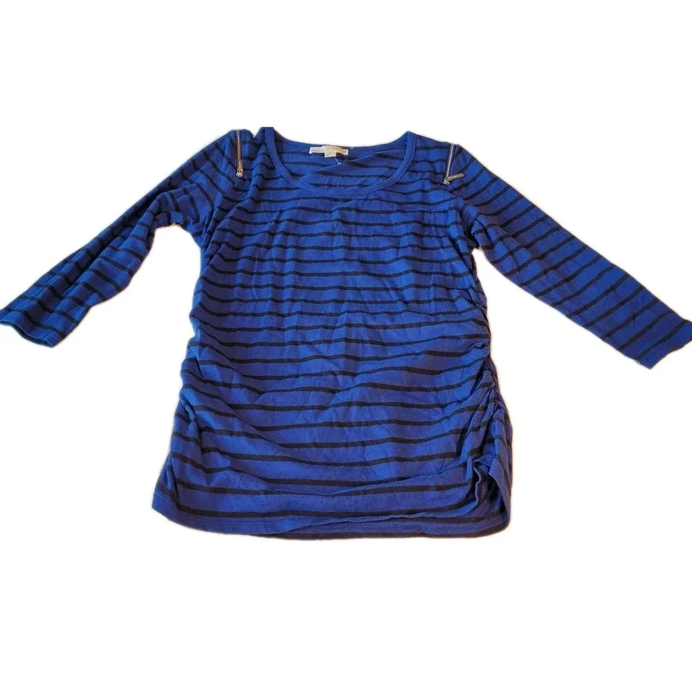 Michael Kors  3/4 Sleeve Round Neck Ruched Sides Top Size L Navy‎ Black Striped