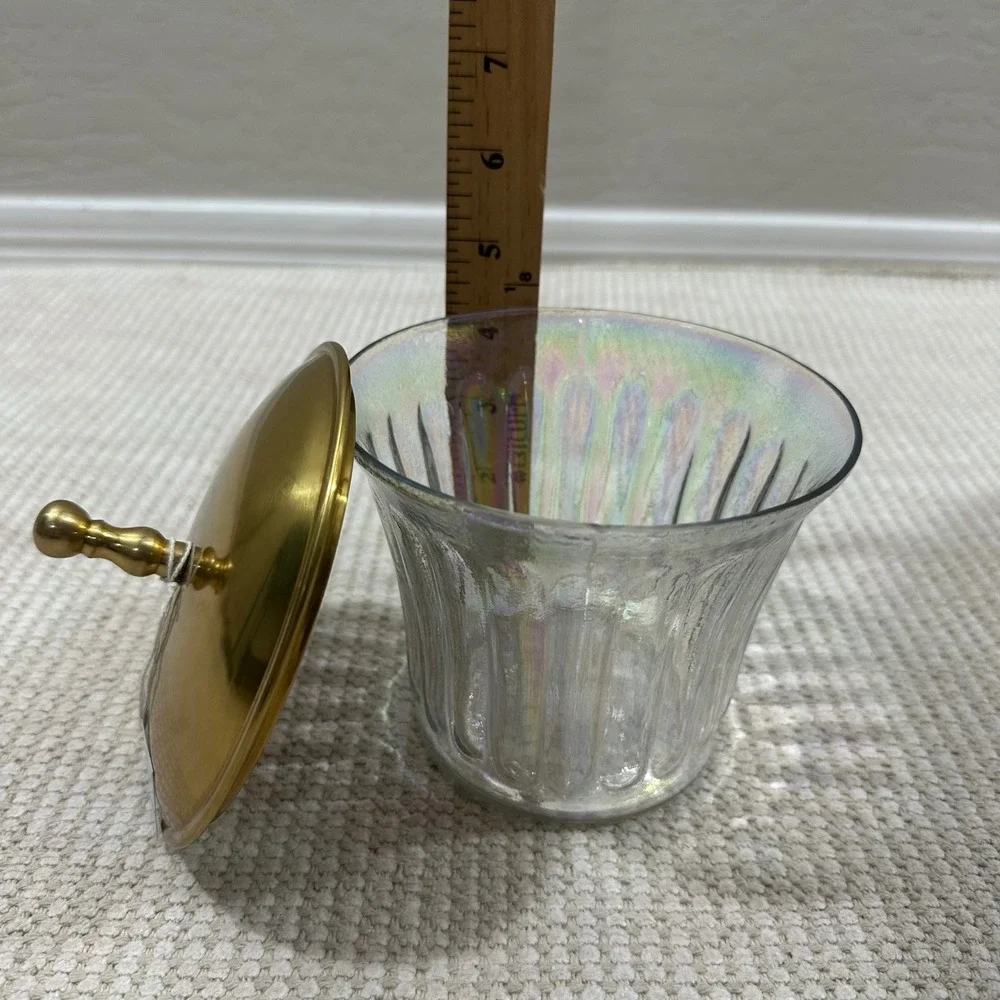 Anthropologie‎ Lustrous Canister Iridescent Fluted Glass Gold Lid 6.5