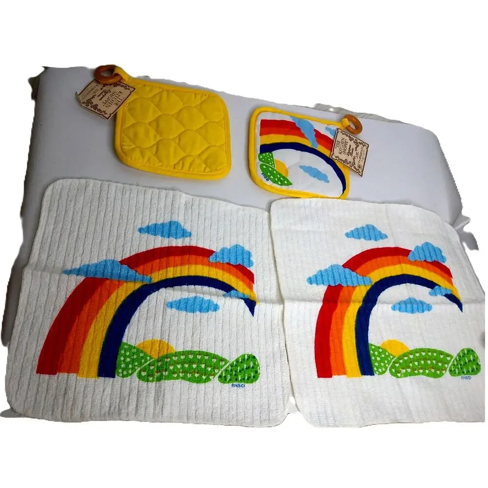 Vintage RA Briggs Rainbow Kitchen Linens Set Towels Potholders 70s 80s Deadstock
