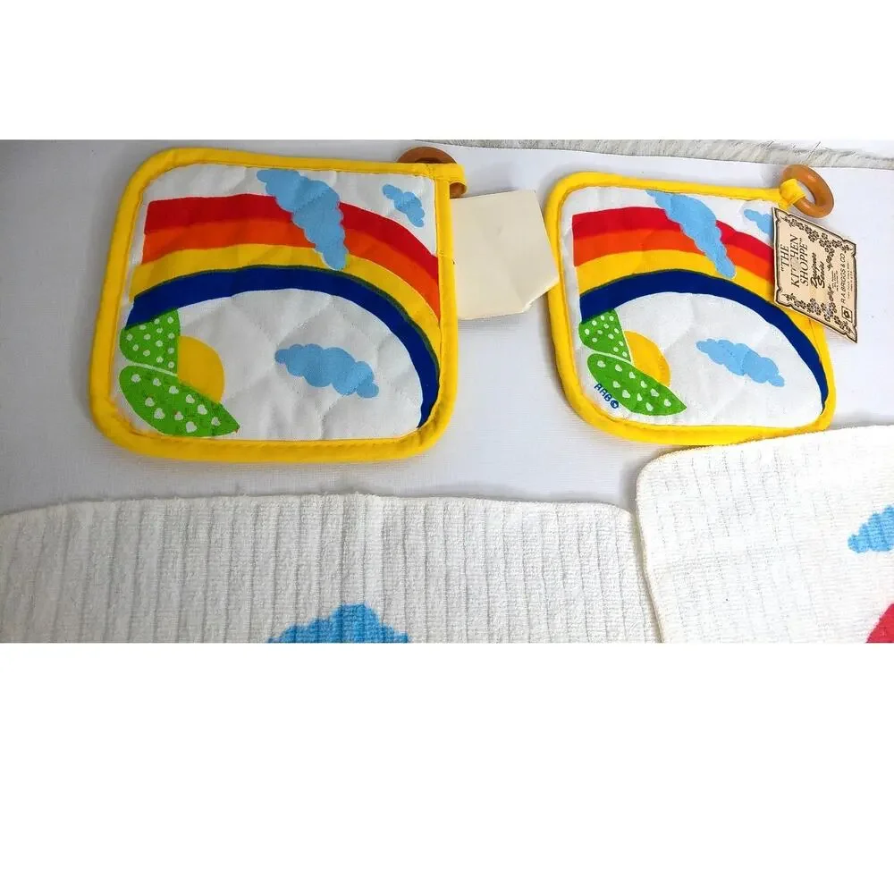Vintage RA Briggs Rainbow Kitchen Linens Set Towels Potholders 70s 80s Deadstock