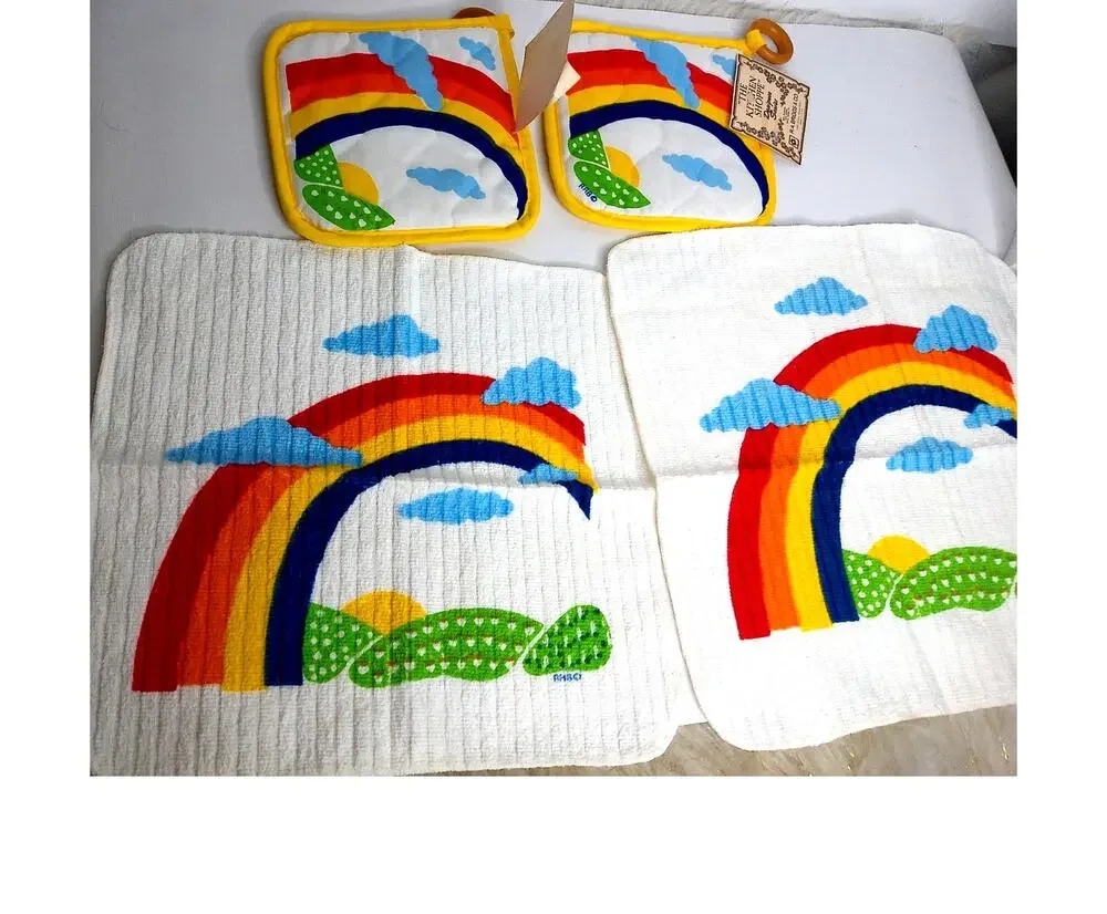 Vintage RA Briggs Rainbow Kitchen Linens Set Towels Potholders 70s 80s Deadstock