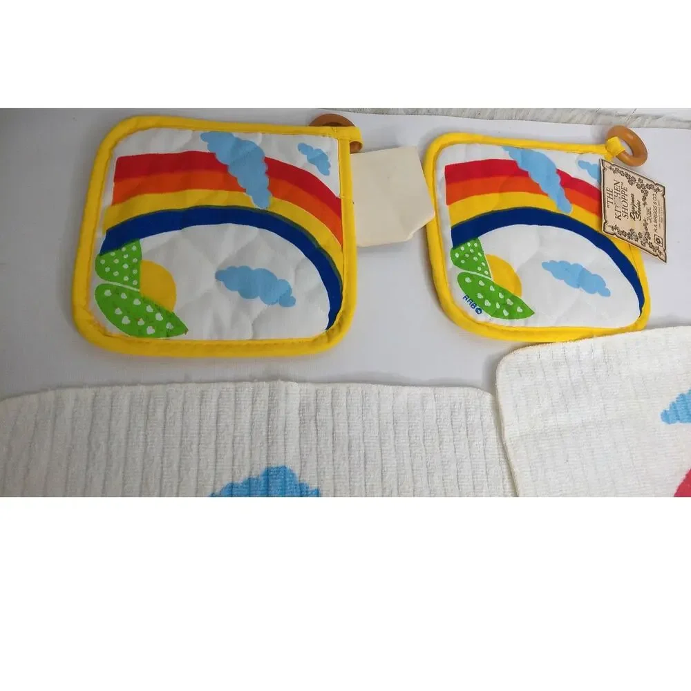 Vintage RA Briggs Rainbow Kitchen Linens Set Towels Potholders 70s 80s Deadstock