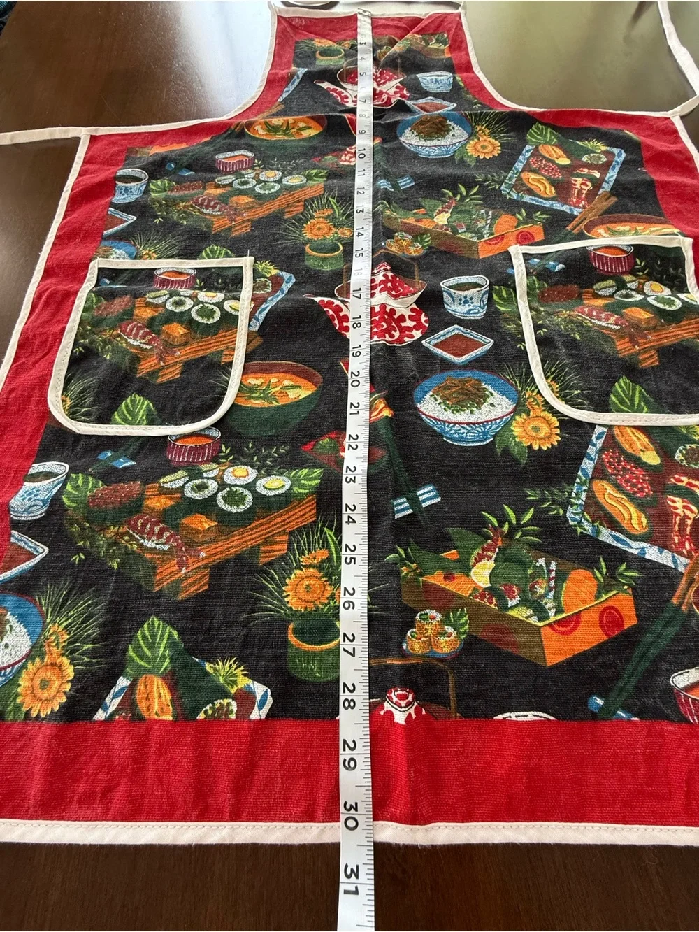 Asian Tea & Sushi Print Kitchen Apron Black Red 2 Pocket Cooking Baking