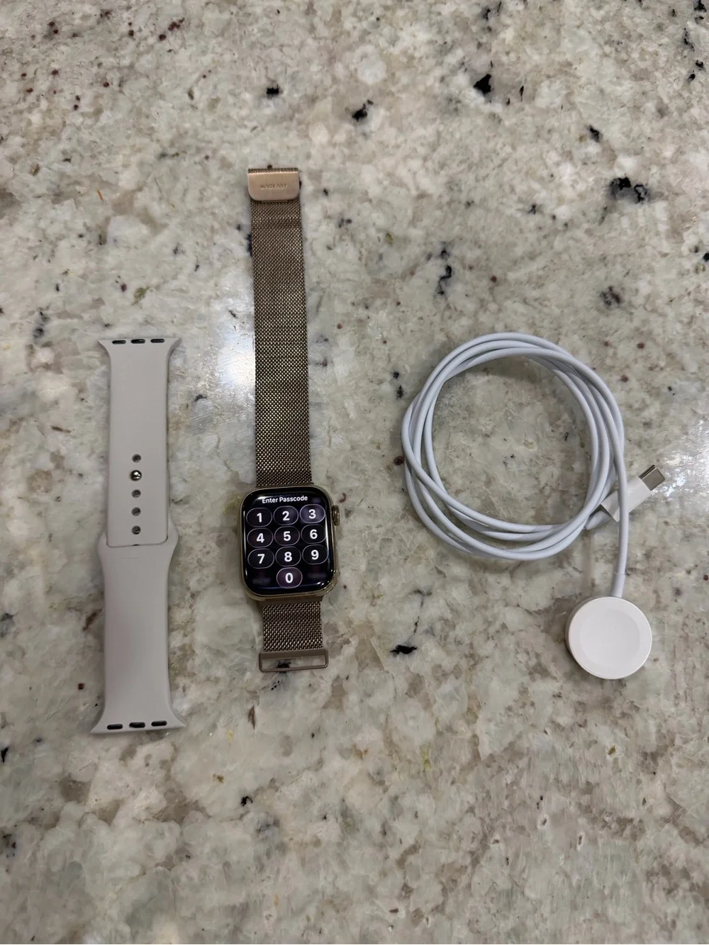 Apple Watch Series 8 Gold Case with Gold Milanese Loop and Grey Sport Band