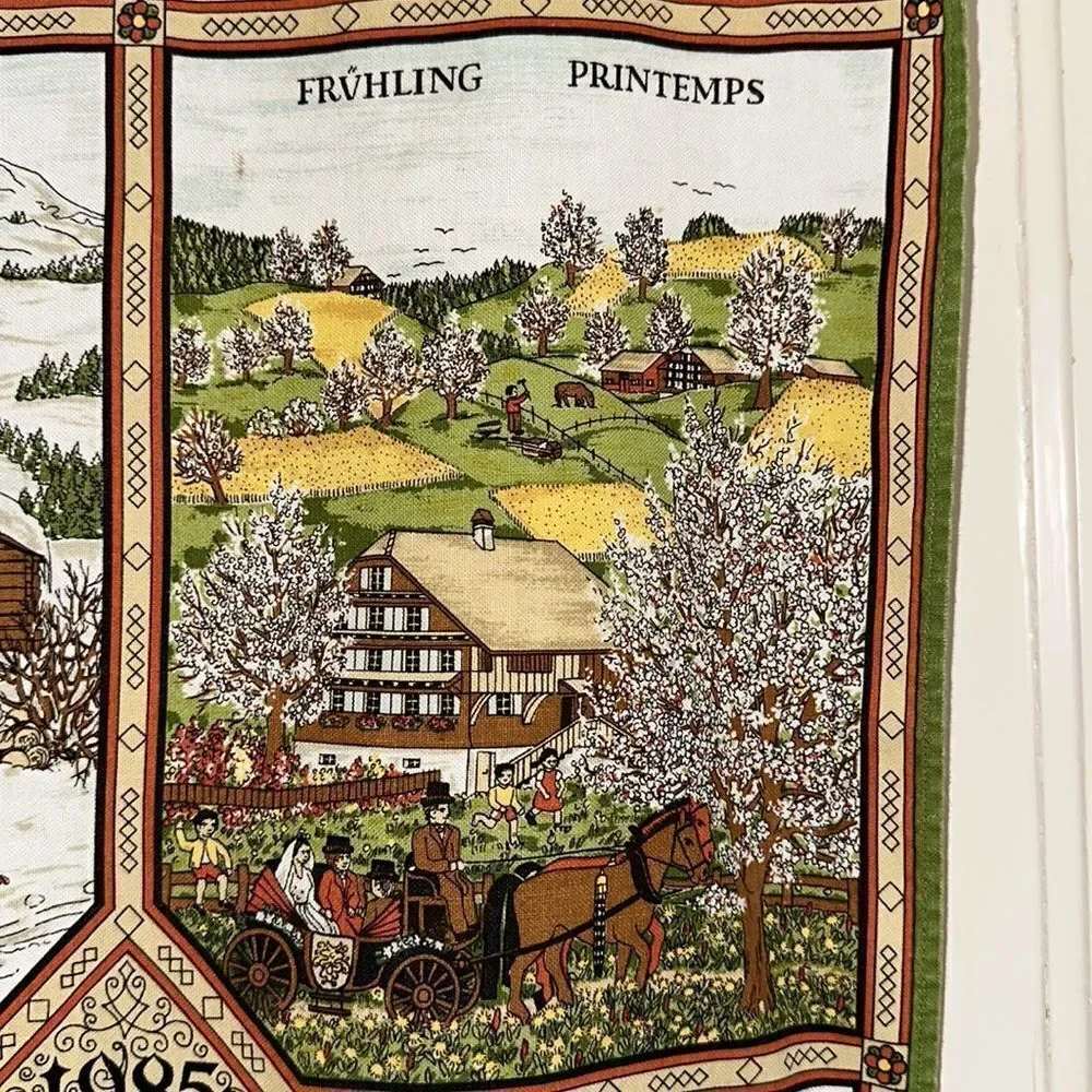 Vintage 1985 Alba cotton calendar tea towel/European scenes of the four‎ seasons