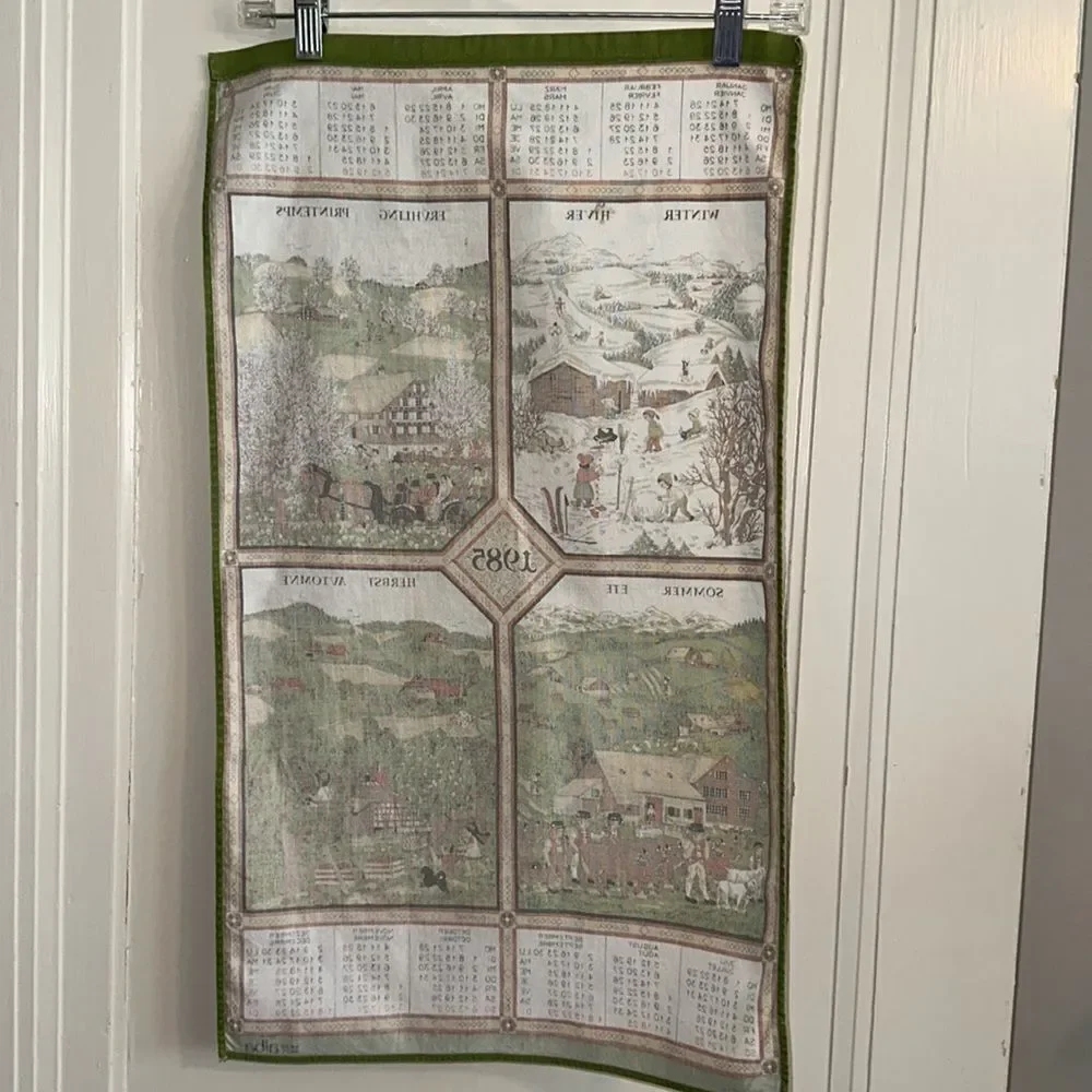 Vintage 1985 Alba cotton calendar tea towel/European scenes of the four‎ seasons