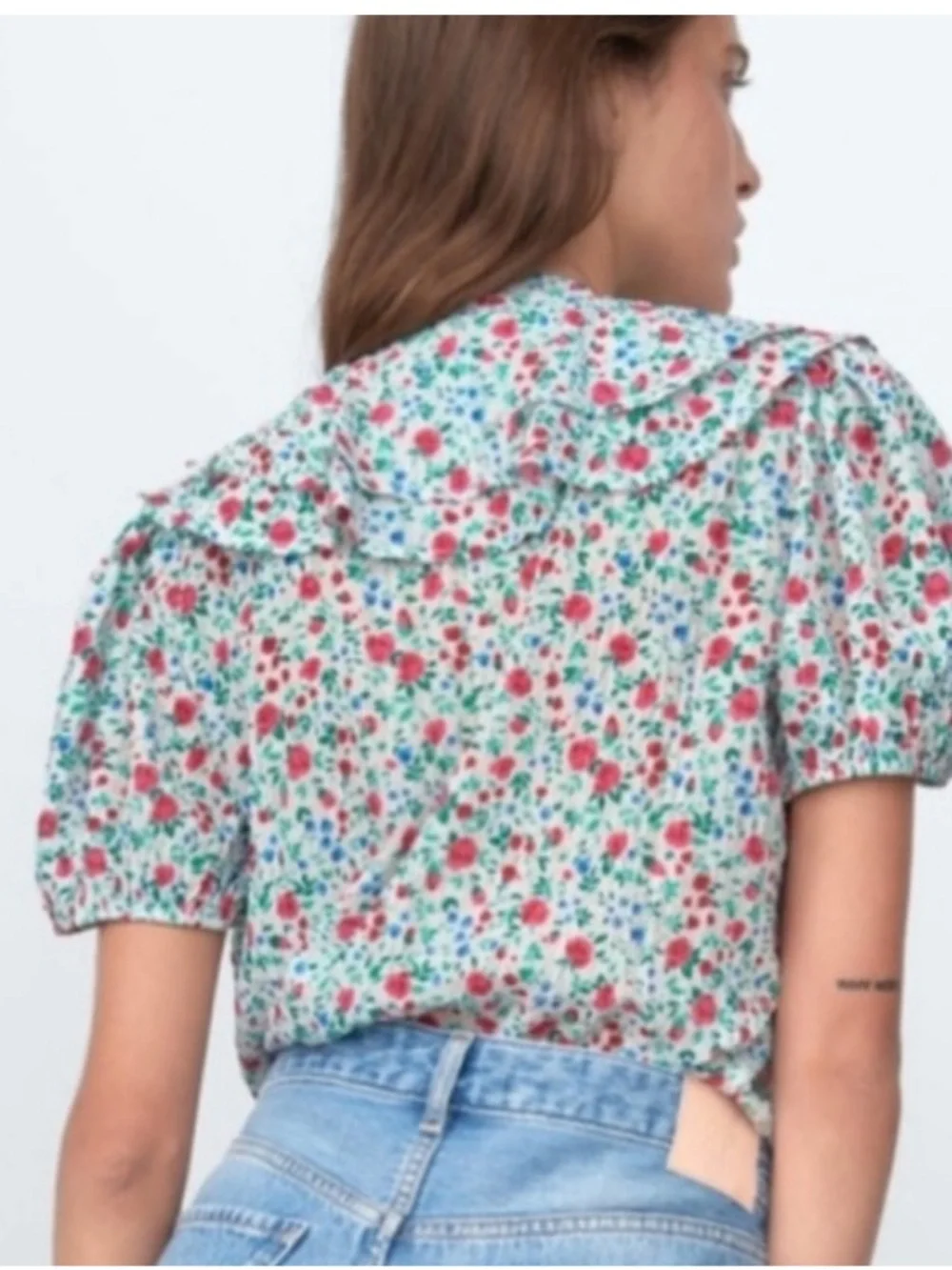 Zara floral print button down puff sleeve top blouse
