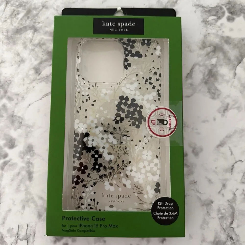 Kate Spade Protective Magsafe Case iPhone 15 Pro Max black Gold white Flower New
