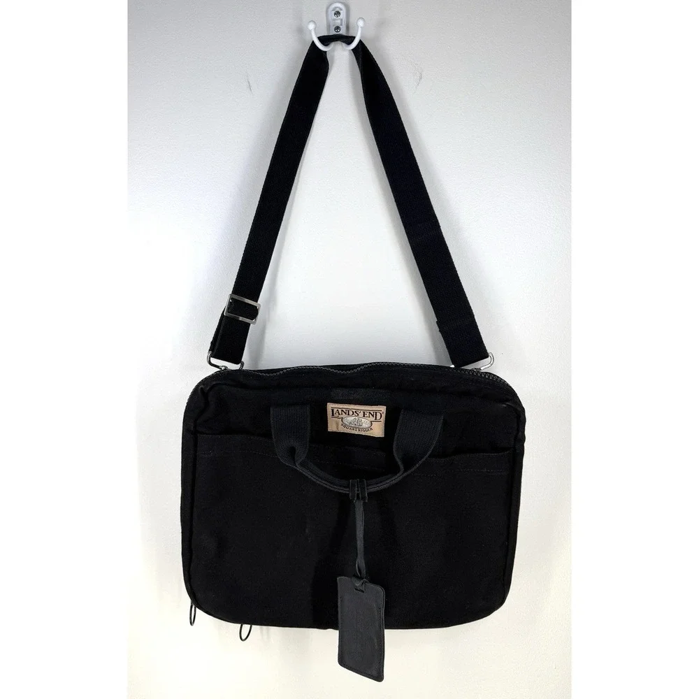 Lands' End Vintage Canvas Leather Square Rigger Bag Black Briefcase Adjustable