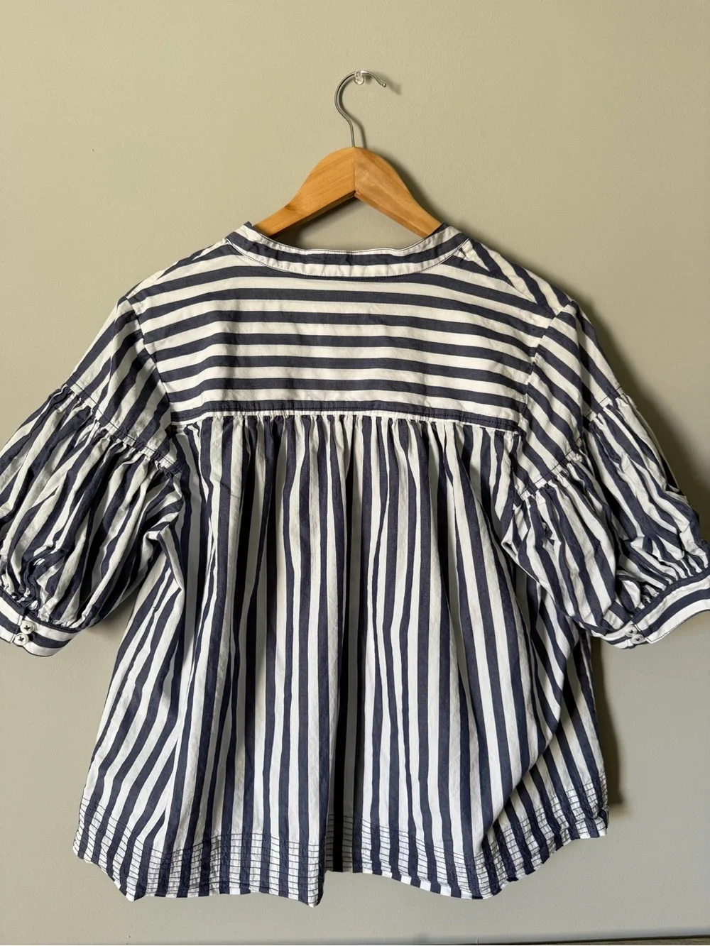 Anthropologie Navy & White Striped V-Neck Peasant Top