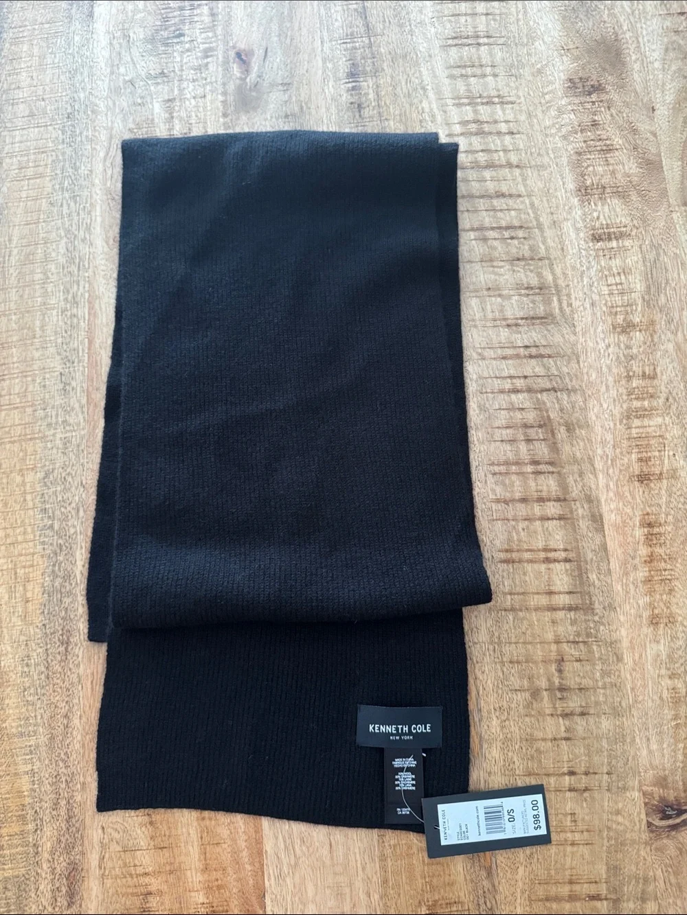 Kenneth Cole Men's Black Ribbed Knit Scarf - wool and cashmere blend 80 inches