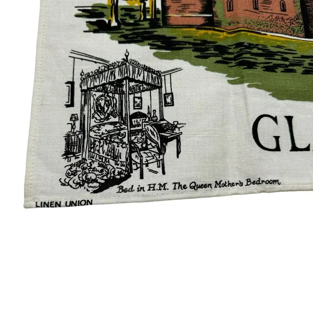 Vintage Glamis Castle Scotland Tea Towel Dishcloth UK Linen Union Brown Green