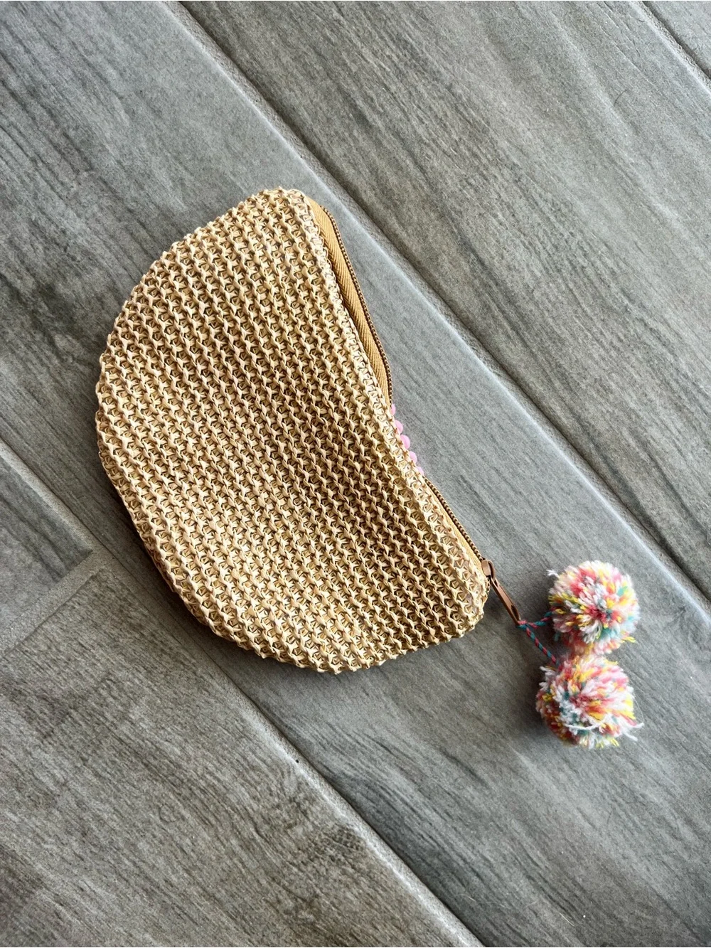 Kids Rainbow Straw Pouch with Pom Trim - Pink, Green, Yellow, Blue