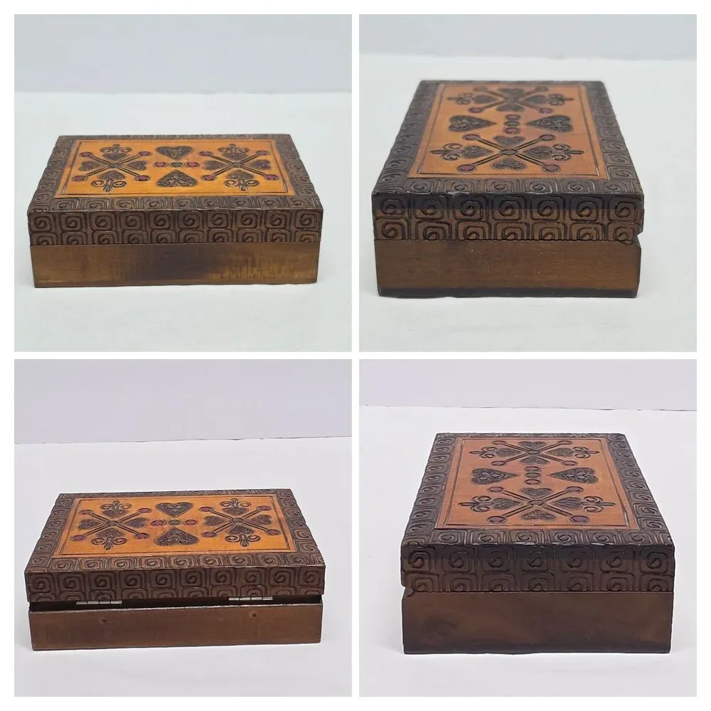 VTG Polish Wooden Trinket Box Handmade Pyrography Inlayed Brass Folk Art Hearts