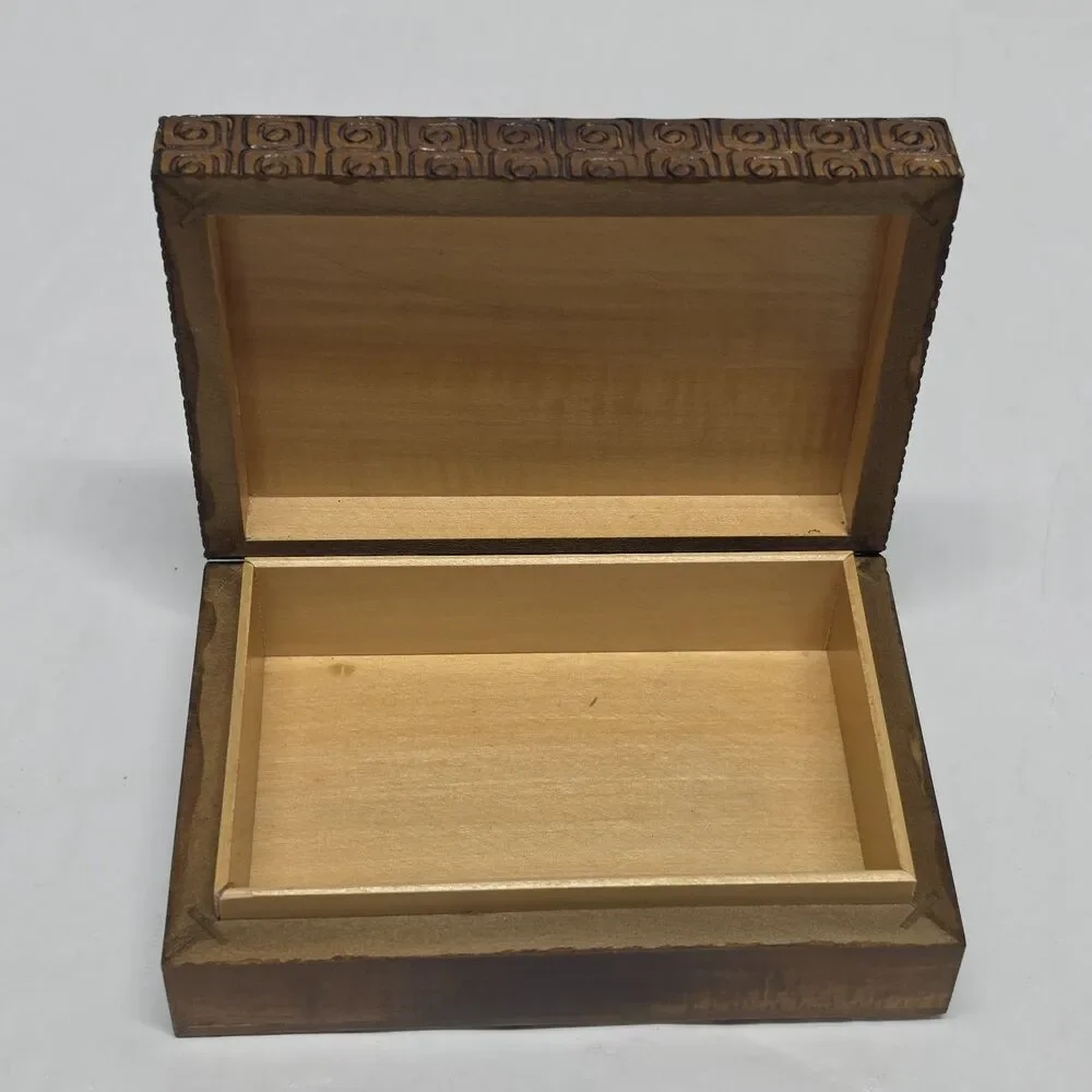 VTG Polish Wooden Trinket Box Handmade Pyrography Inlayed Brass Folk Art Hearts