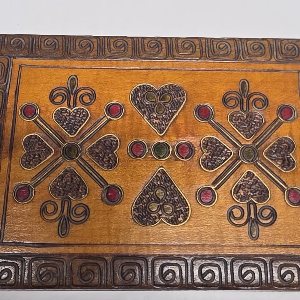 VTG Polish Wooden Trinket Box Handmade Pyrography Inlayed Brass Folk Art Hearts