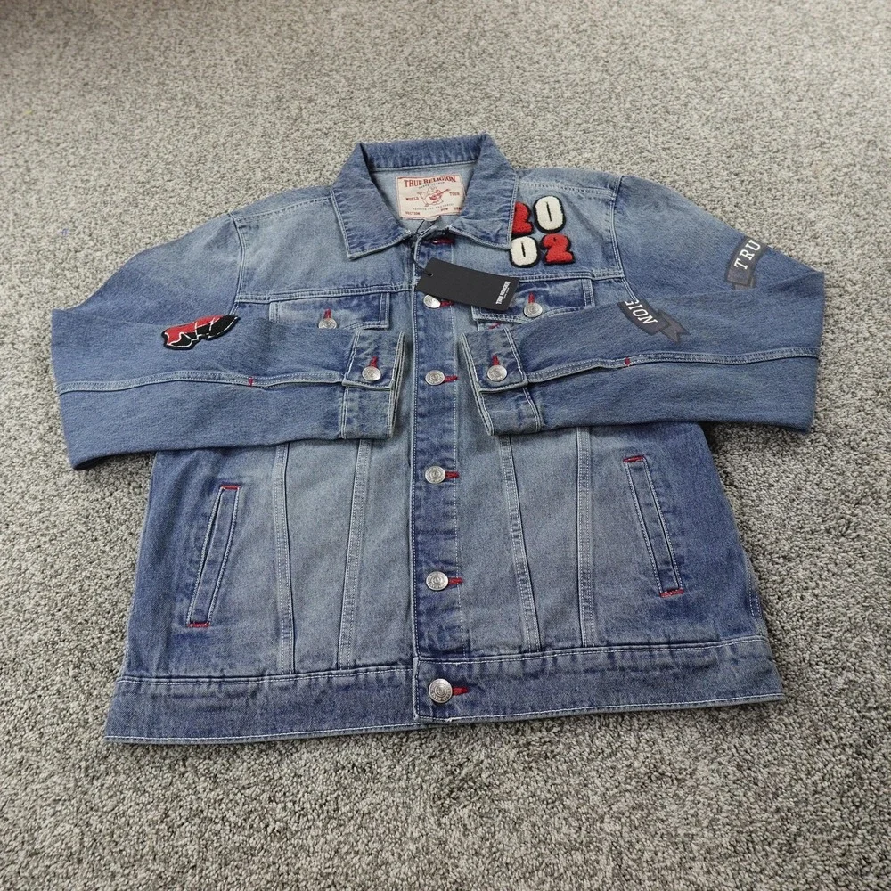 NEW True Religion Jacket Mens L Blue Denim Jean Trucker Coat Varsity Patch Y2K‎