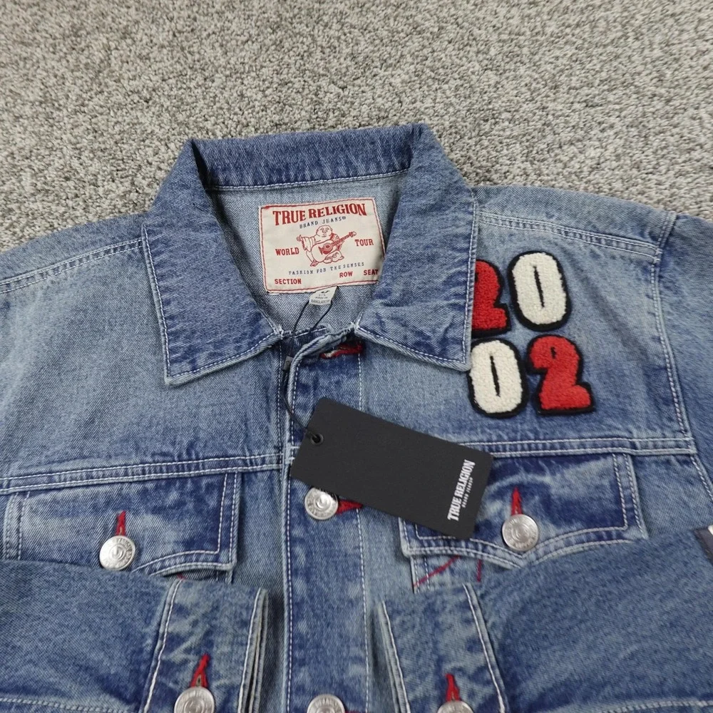 NEW True Religion Jacket Mens L Blue Denim Jean Trucker Coat Varsity Patch Y2K‎