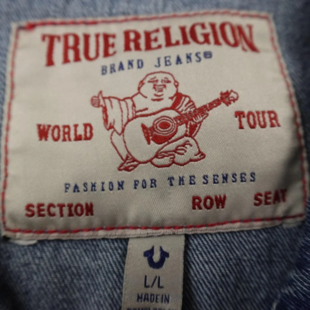 NEW True Religion Jacket Mens L Blue Denim Jean Trucker Coat Varsity Patch Y2K‎
