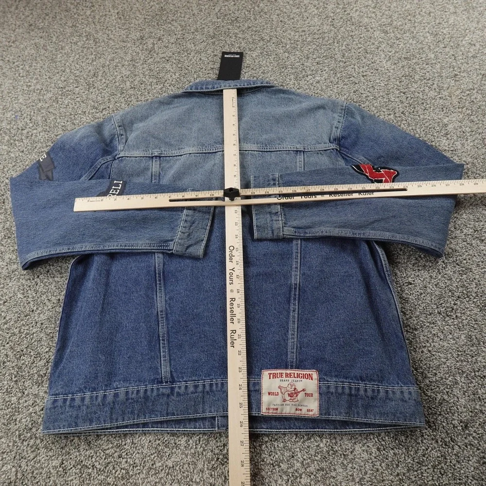 NEW True Religion Jacket Mens L Blue Denim Jean Trucker Coat Varsity Patch Y2K‎