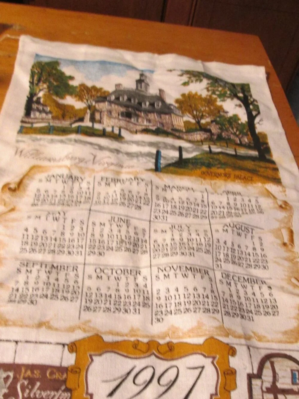 Vtg Unused Williamsburg Va Calendar linen tea towel Gov Mansion R Batchelder