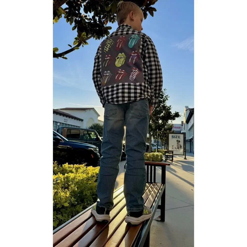 ROLLING STONES 70s Rock Retro Vintage Upcycled Plaid Flannel Kids Shirt L 10/12
