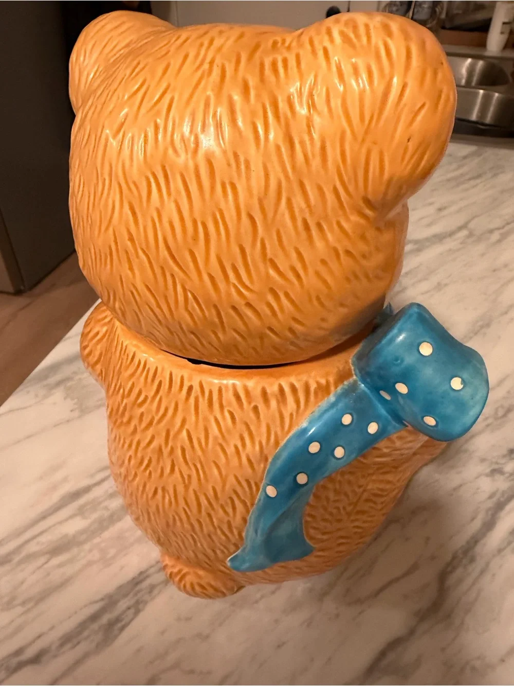 Brown Ceramic Teddy Bear Cookie Jar with Blue Polka Dot Scarf