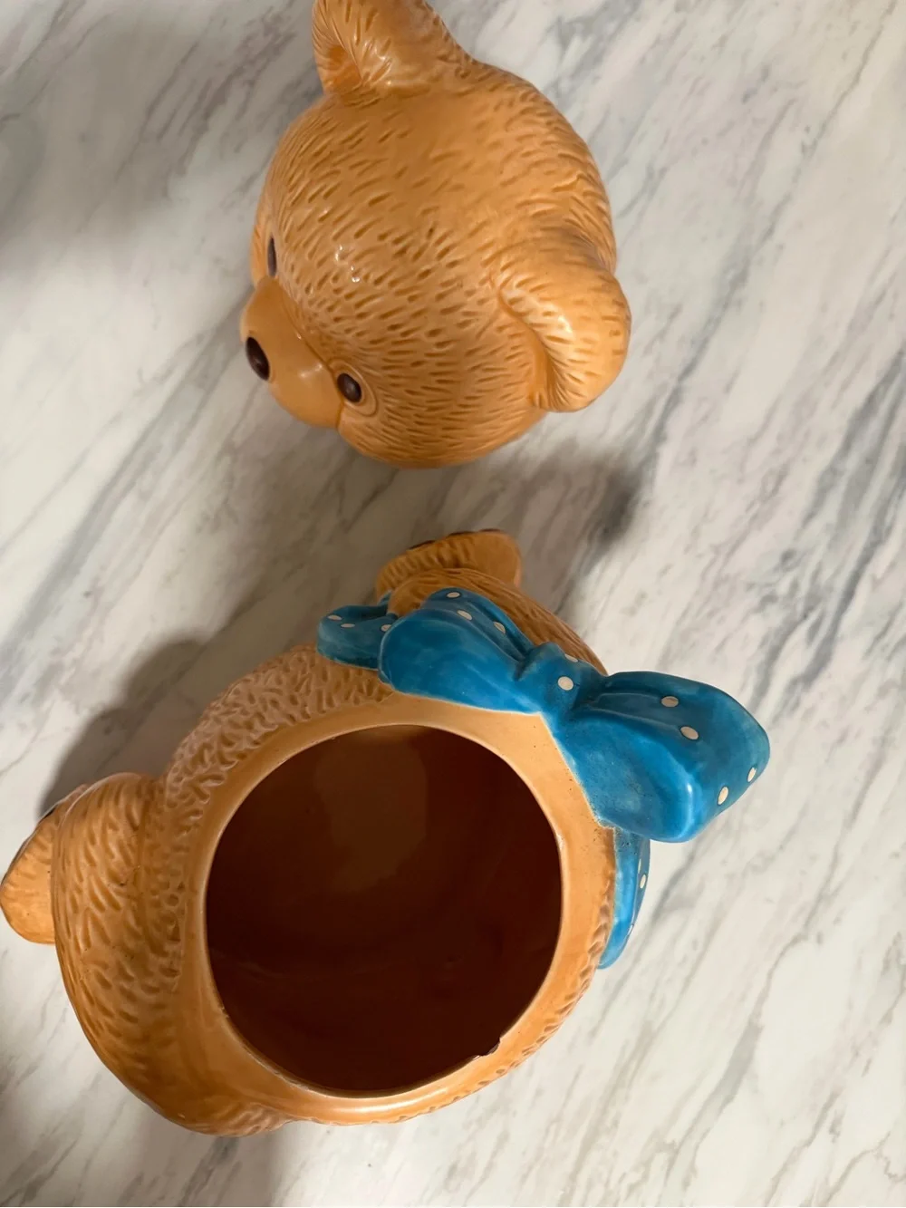Brown Ceramic Teddy Bear Cookie Jar with Blue Polka Dot Scarf