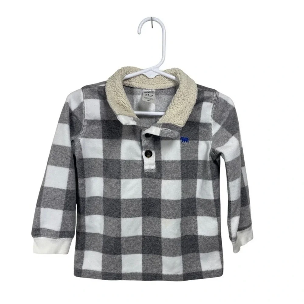 Carters Boys 24M Gray White Buffalo‎ Plaid Sherpa Collar Pullover Top Toddler