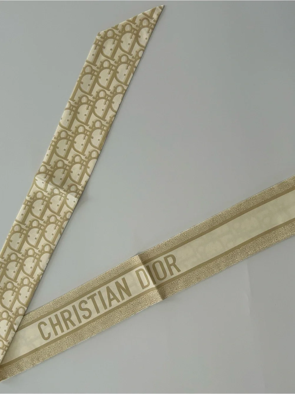 Christian Dior Beige Oblique Mitzah Twilly Scarf Monogram Logo Ribbon Wrap