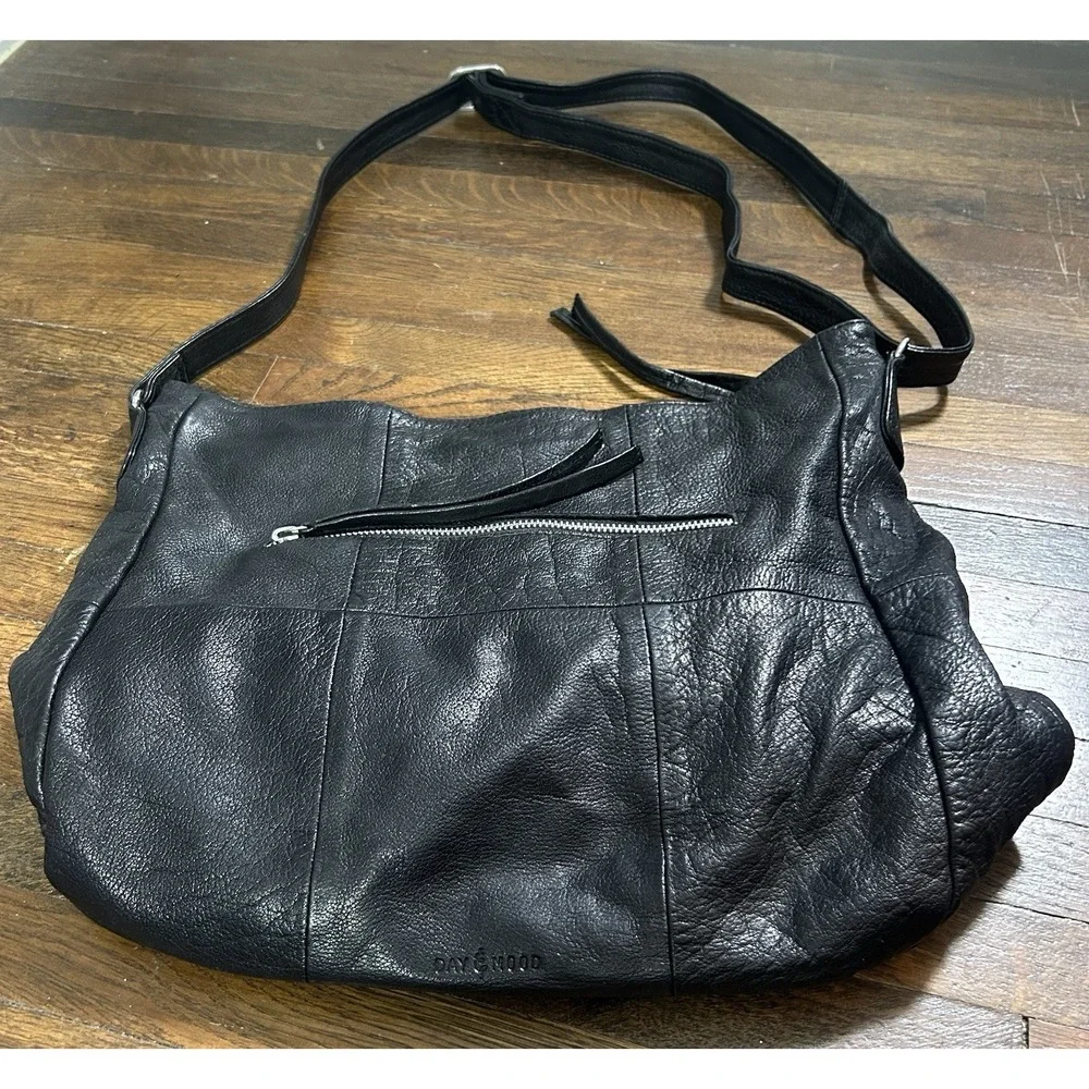 Day & Mood Isa Hobo Black Leather Detailed Large Shoulder Bag w/ Strap Excellent