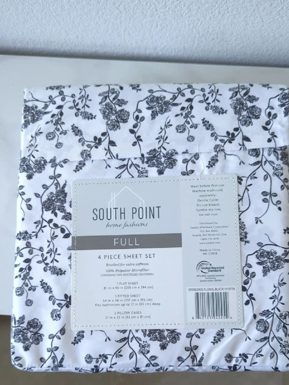 South Point Full 4-Piece Sheet Set - Black Floral on White