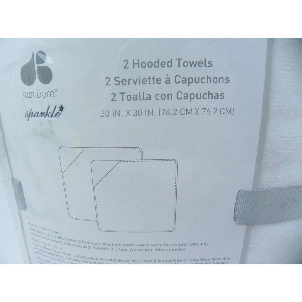 Just‎ Born Sparkle Baby 2 Hooded Towels 30x30 White Green