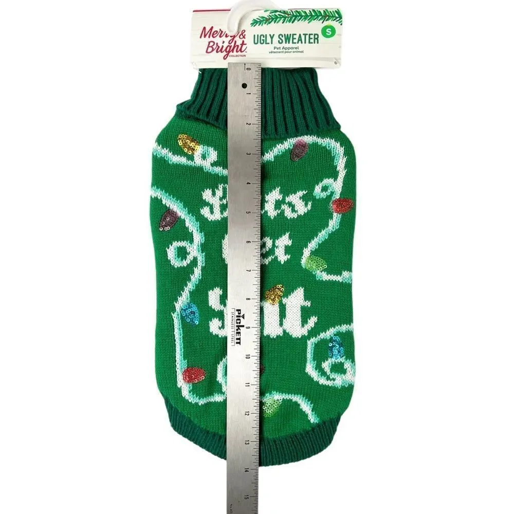 Merry &‎ Bright Let's Get Lit Green Christmas Holiday Dog Sweater Size Small