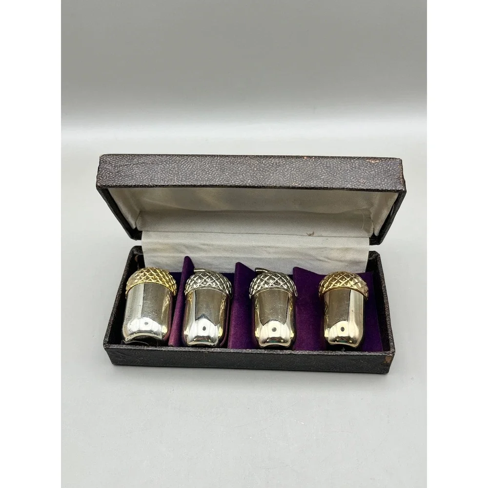 Vtg Acorn Salt Pepper Shakers Set of 4 Japan Silver Gold Tone with Box As Is