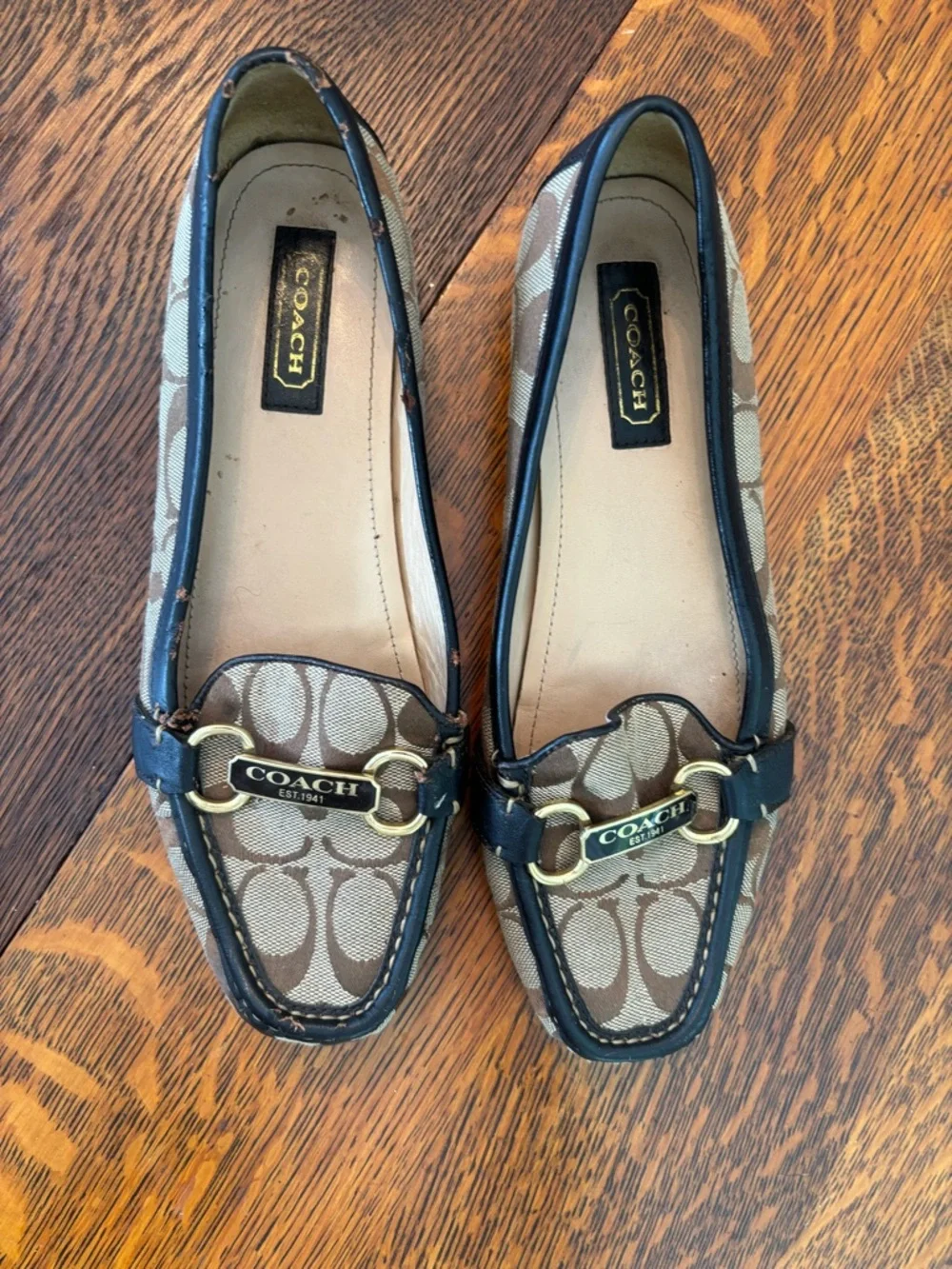 Coach Brown Signature Monogram Canvas Loafers with Gold Hardware